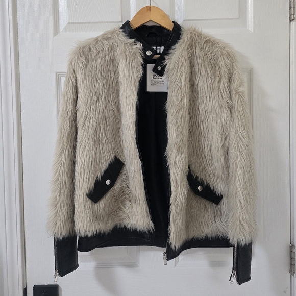 Noize Faux Fur With Faux Leather Trim Full Zip Up Jacket New Size M - Picture 4 of 8